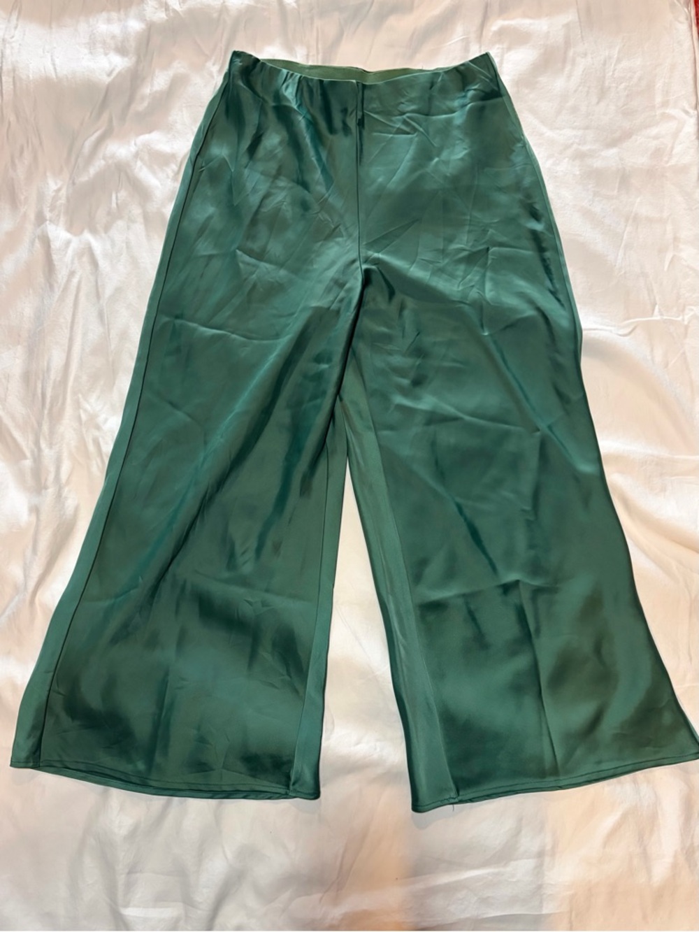Joie satin high-rise, wide-leg, sage green trousers.